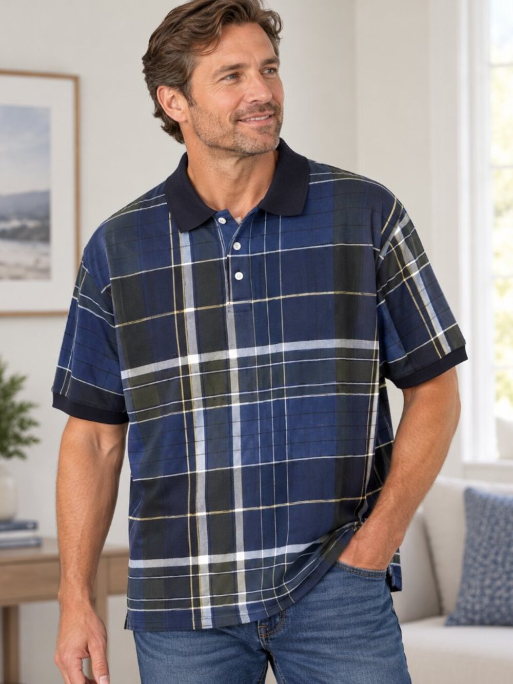 NWT Chaps Ralph Lauren XL Navy Blue Plaid Short Sleeve Polo Shirt Mens Preppy
